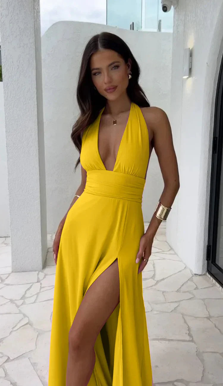 Horizon - Sexy deep V-neck split dress in solid color