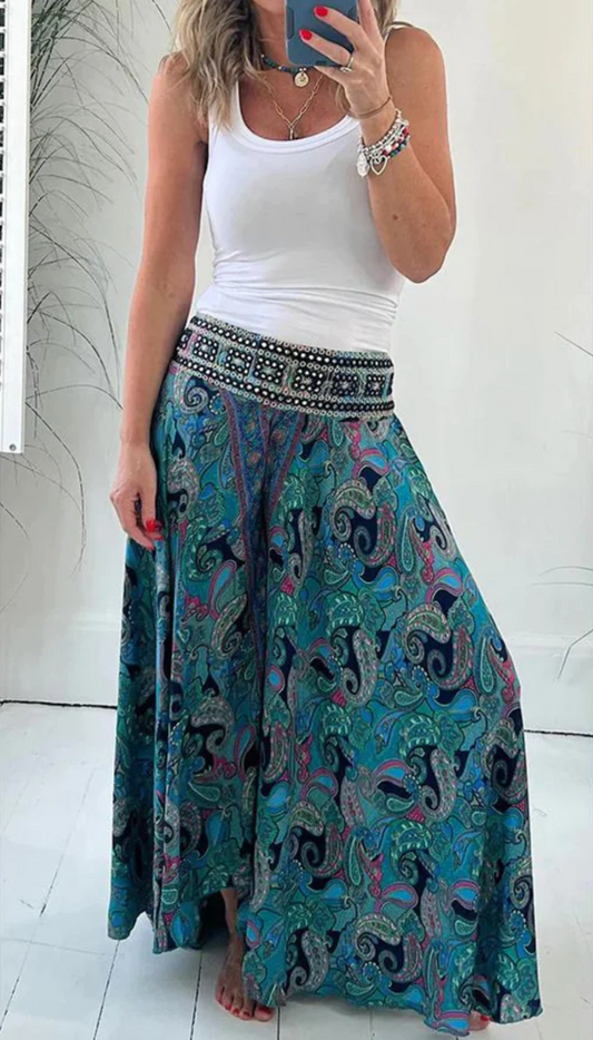 Dress pants with ethnic print and elastic waist