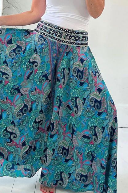 Dress pants with ethnic print and elastic waist