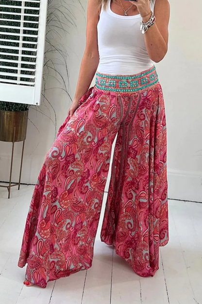 Dress pants with ethnic print and elastic waist